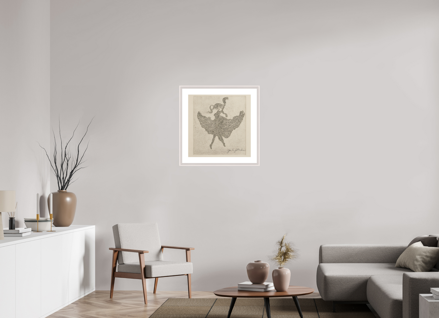 Framed artwork on a wall in a modern living room