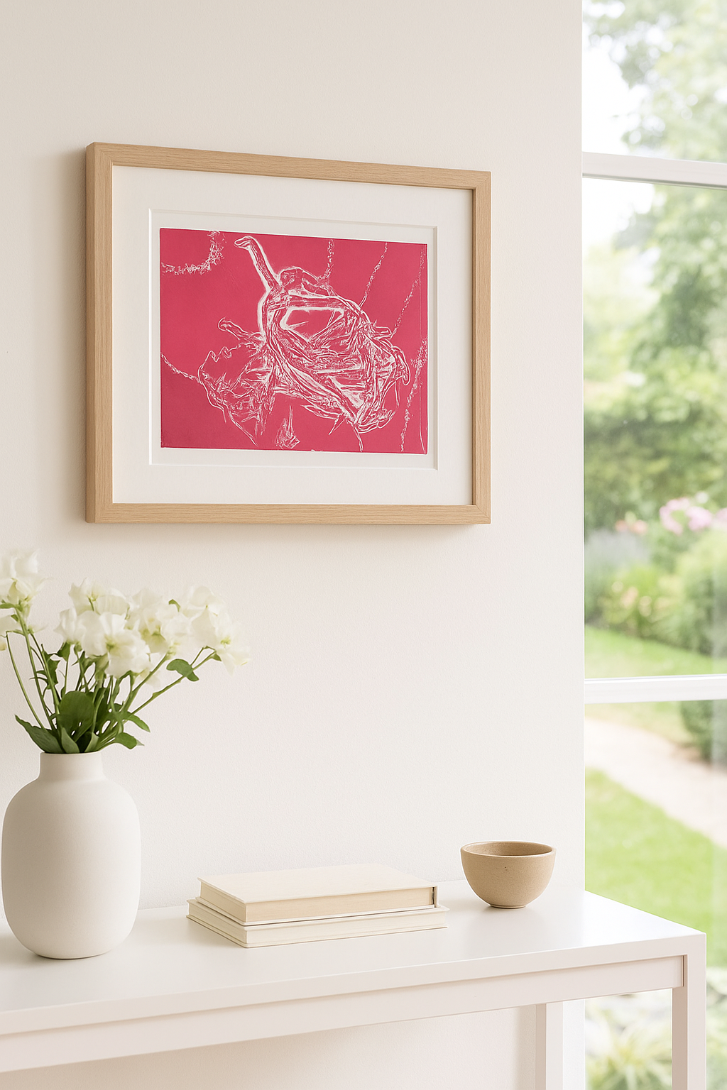 Framed pink and white abstract art on a wall with a table and window in the background