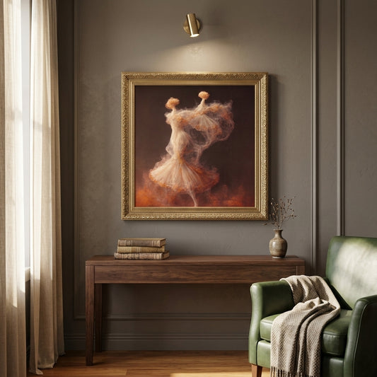 Living room with a painting of a ballerina on the wall, a wooden console table, and a green armchair.