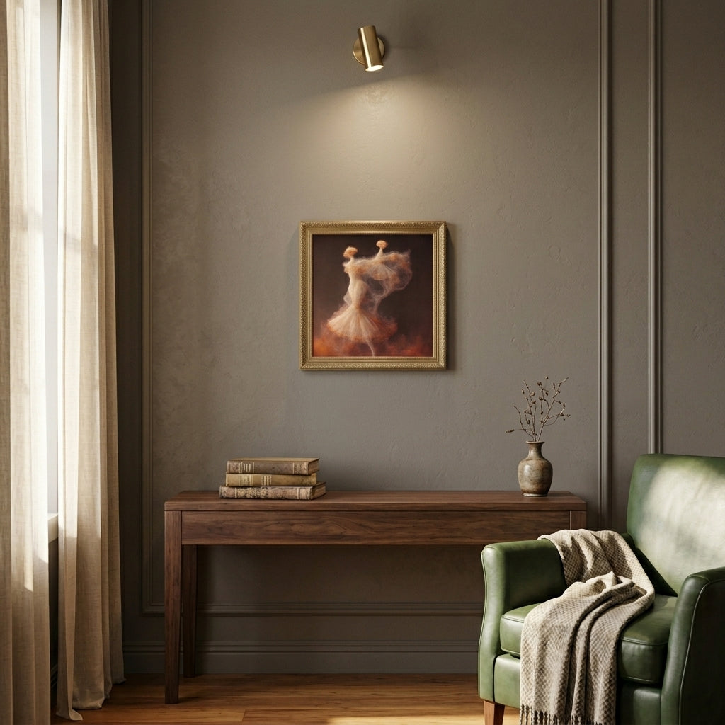 Living room with a green armchair, wooden console table, and framed artwork on the wall.