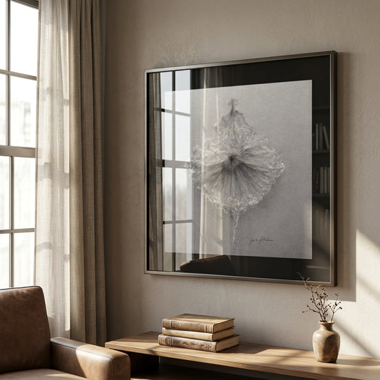 Framed artwork on a wall in a room with a window and books on a table.
