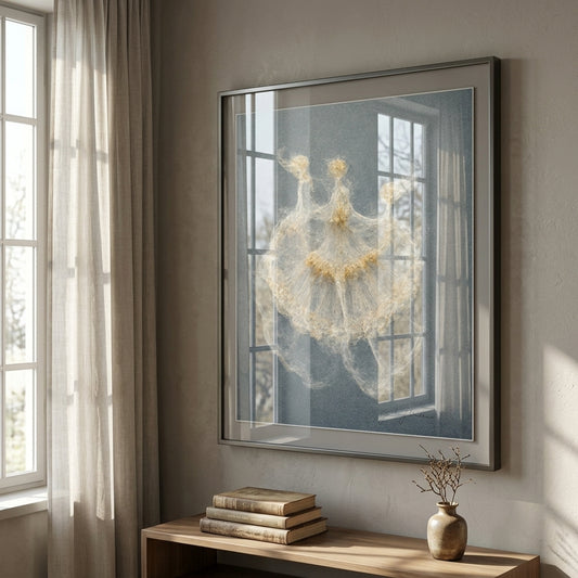 Framed artwork of a dandelion on a wall in a room with natural light
