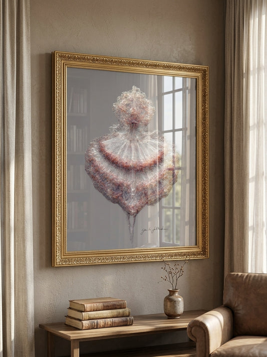 Framed artwork on a wall in a room with a sofa and books.