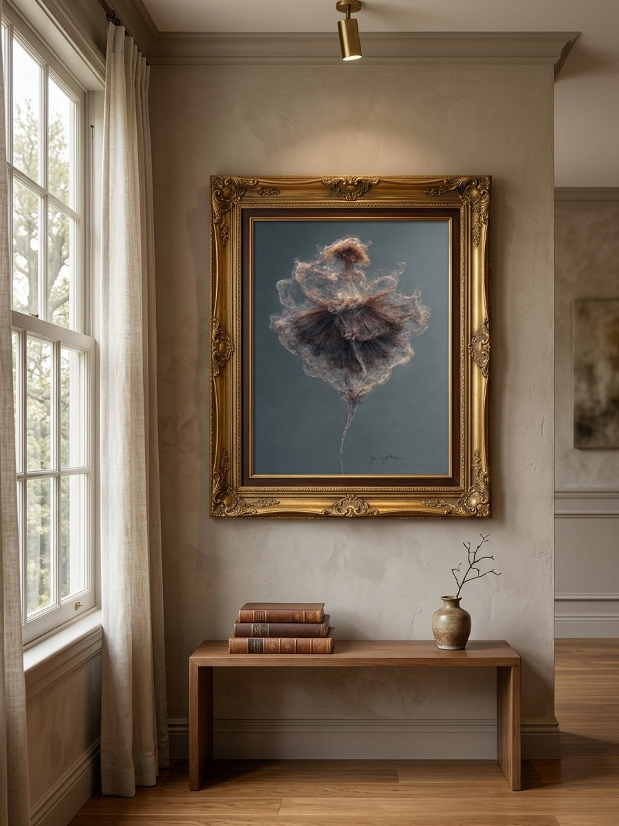 Decorative interior with a framed artwork on a wall, books, and a vase on a wooden bench.