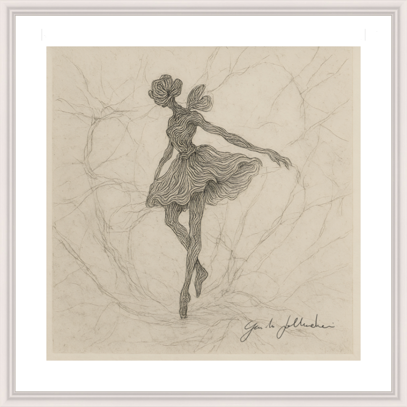 Artistic depiction of a dancer in a flowing dress on textured beige paper.