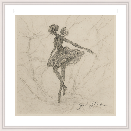 Artistic depiction of a dancer in a flowing dress on textured beige paper.