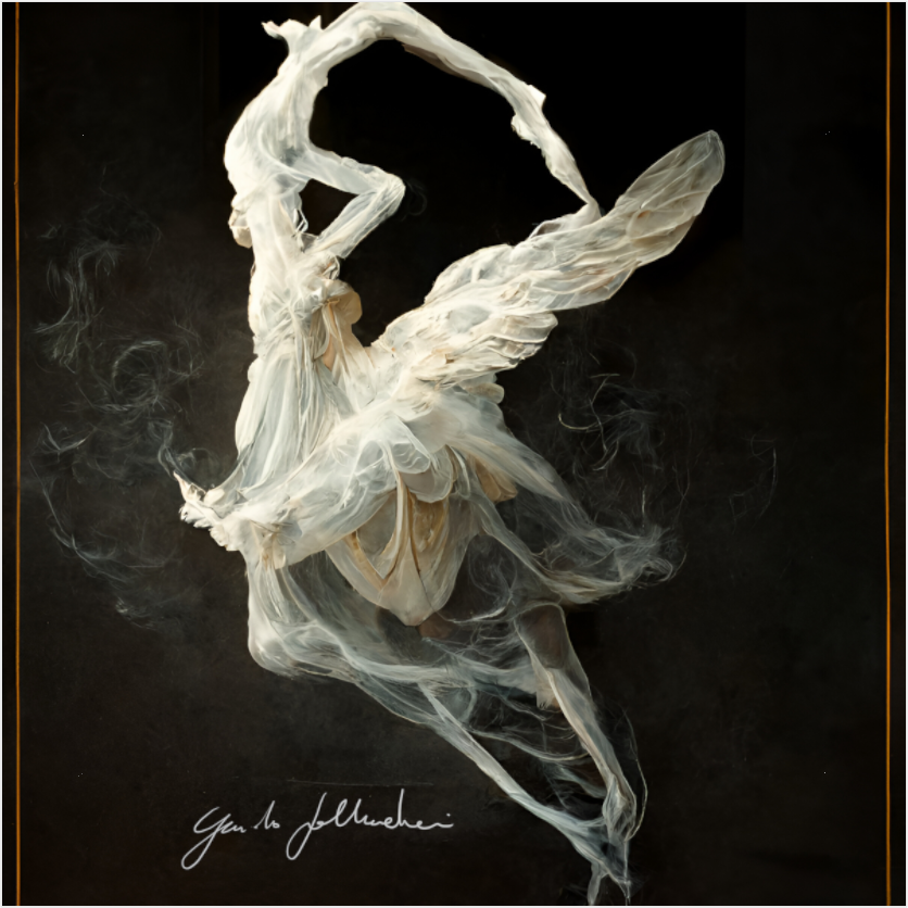Artistic depiction of a ballerina made from smoke or a similar material on a dark background.