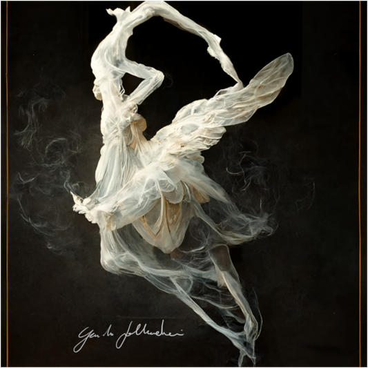 Artistic depiction of a ballerina made from smoke or a similar material on a dark background.