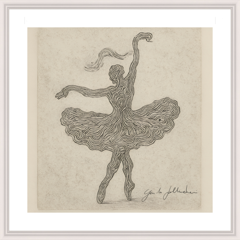 Artistic depiction of a dancer in a flowing pose on textured paper.