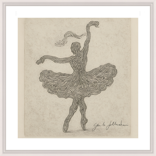 Artistic depiction of a dancer in a flowing pose on textured paper.