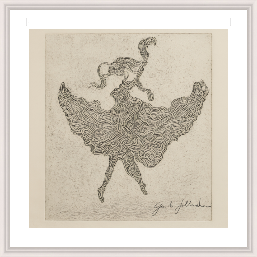 Artistic depiction of a dancer with flowing dress on textured beige background