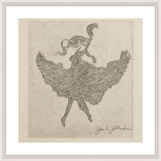 Artistic depiction of a dancer with flowing dress on textured beige background