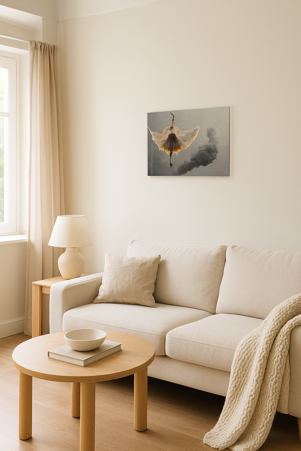 Living room with a white sofa, wooden coffee table, and wall art.