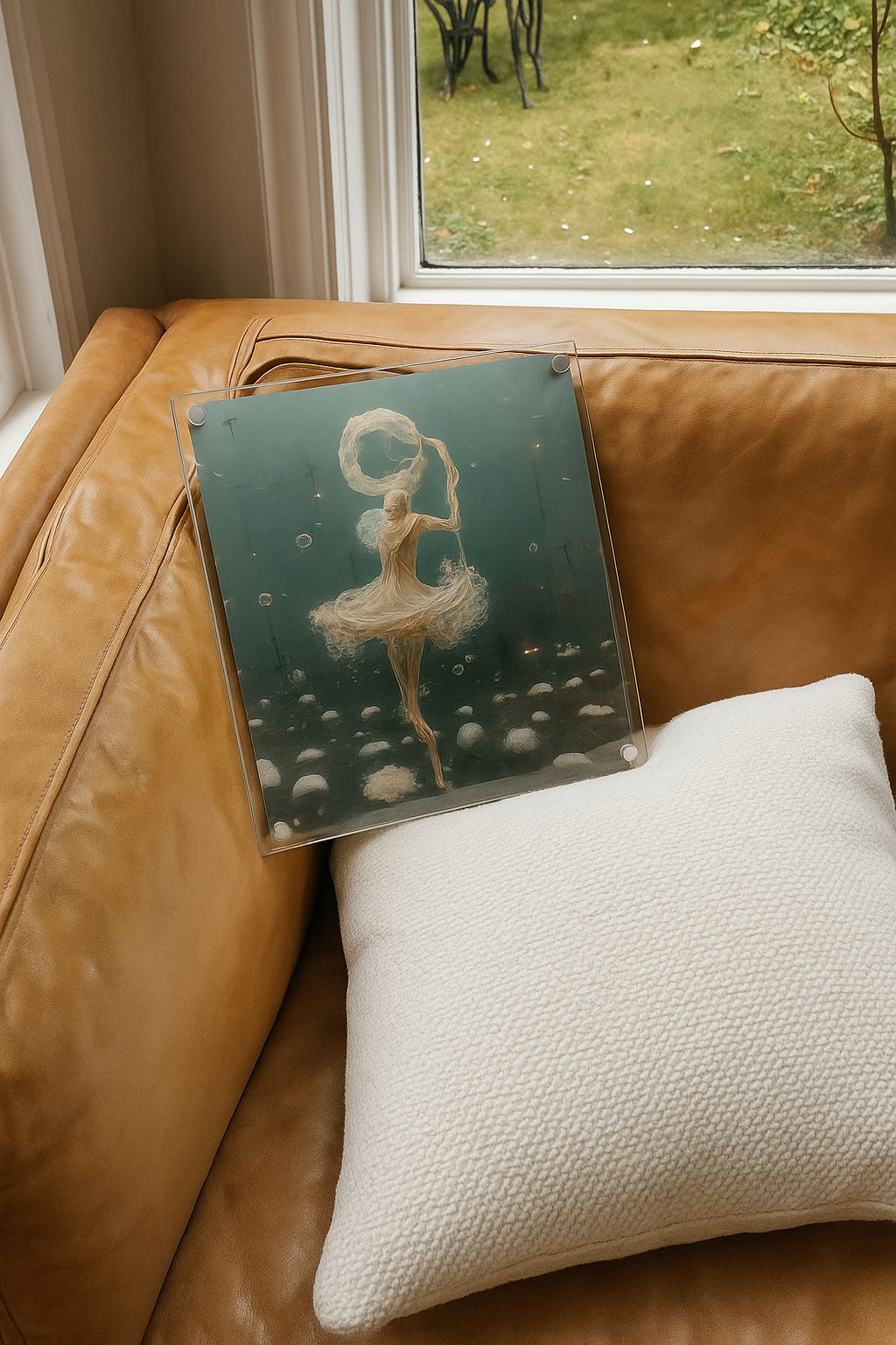 Decorative box with a ballerina design on a brown leather couch next to a white pillow.