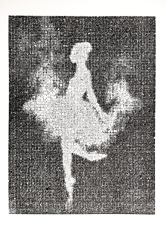Black and white silhouette of a dancer on a textured fabric background