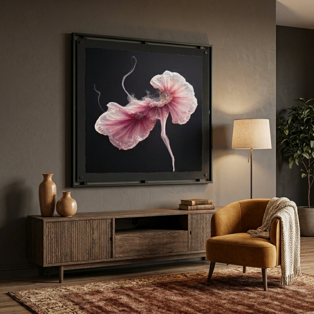 Living room with a TV displaying a pink flower, wooden cabinet, and armchair.