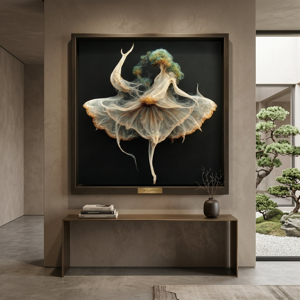 Framed artwork of a ethereal dancer in a modern interior setting with a view of a garden.