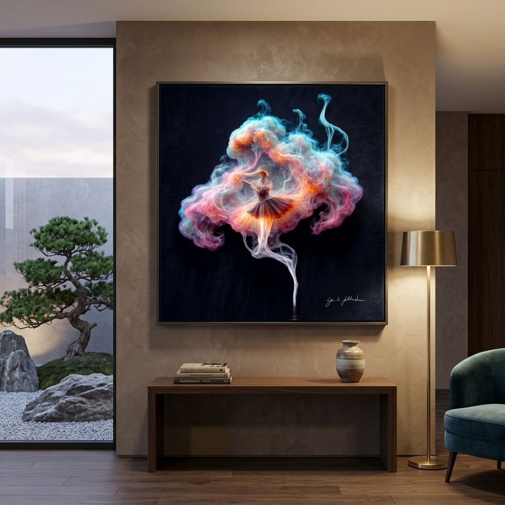 Modern interior with a colorful abstract painting of a dancer in smoke, a lamp, and a small table.