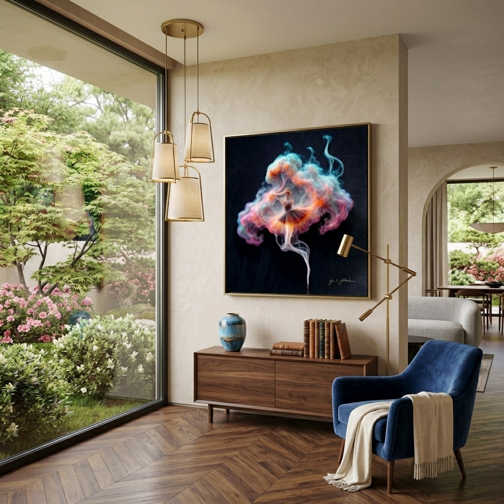 Modern living room with a colorful abstract painting, blue armchair, and large window view.