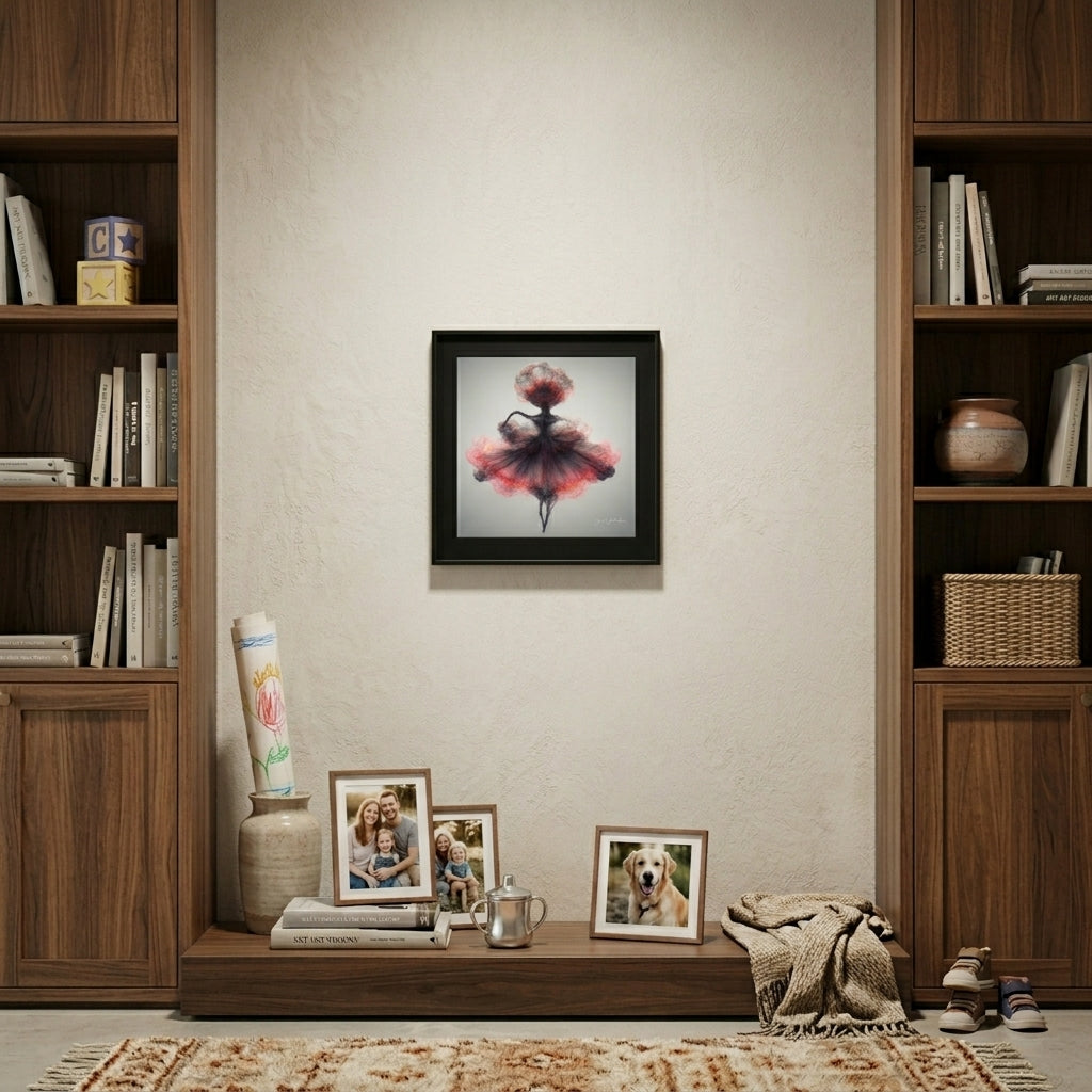 Living room with wooden bookshelves, framed artwork, and family photos.