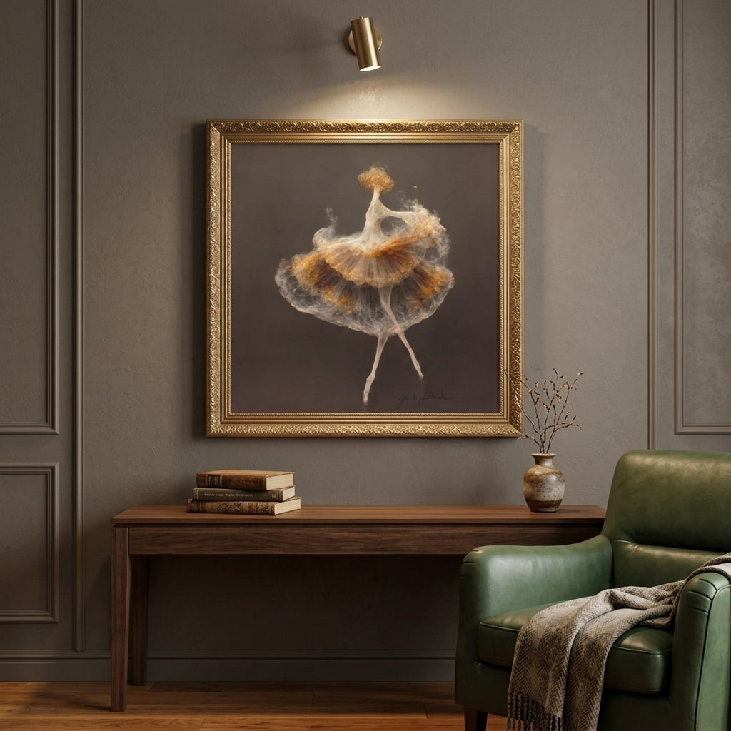 Framed artwork of a dancer on a wall above a wooden console table with books and a vase.