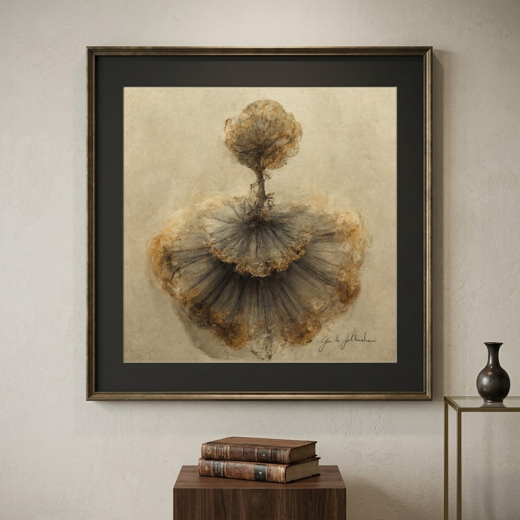 Framed artwork of a floral design on a beige wall with books and a vase below.