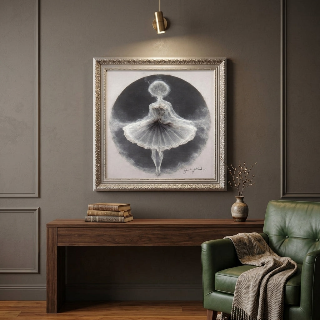 Framed artwork of a dancer on a wall above a wooden console table with books and a vase, next to a green leather chair.
