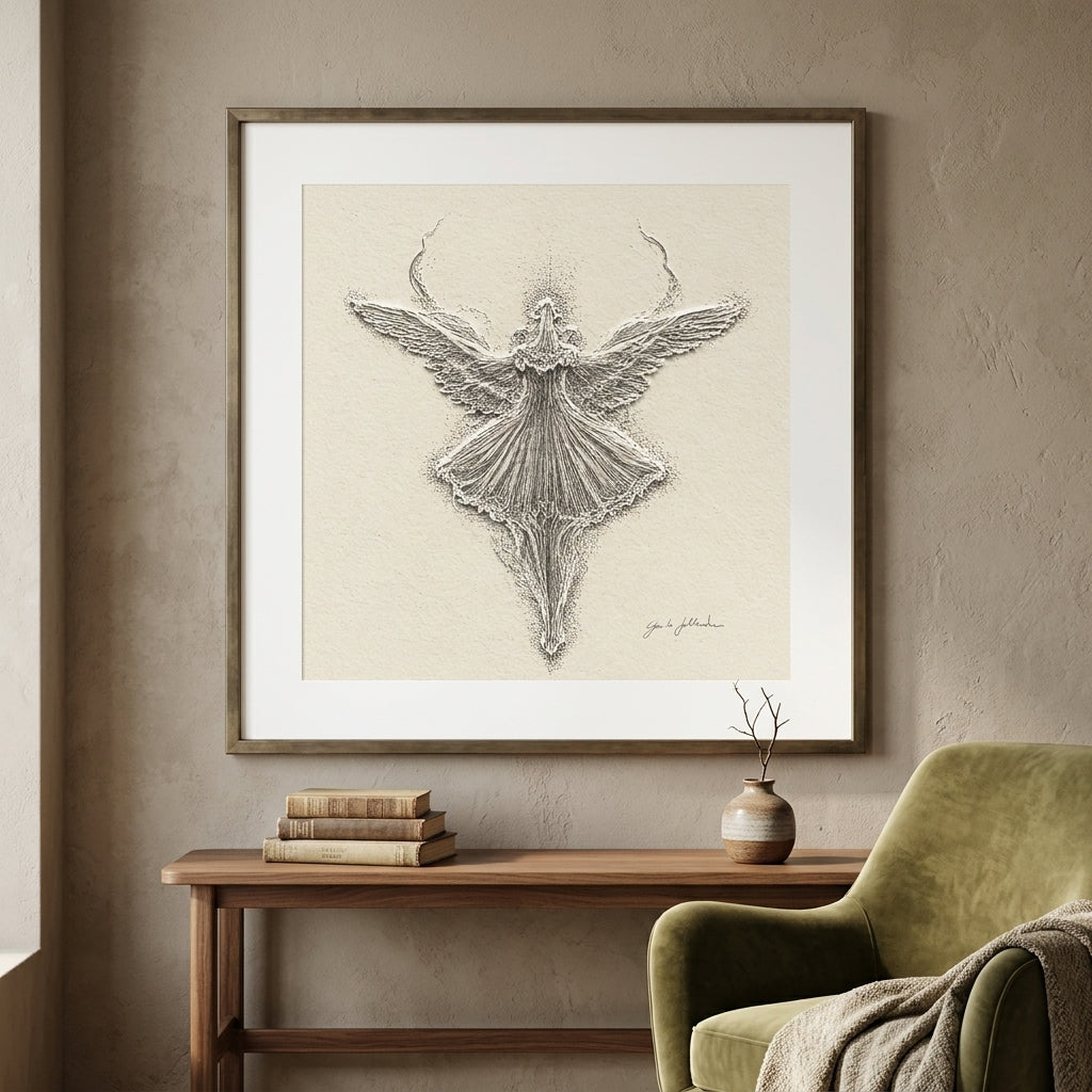 Framed artwork of a stylized fairy on a beige wall above a wooden console table.