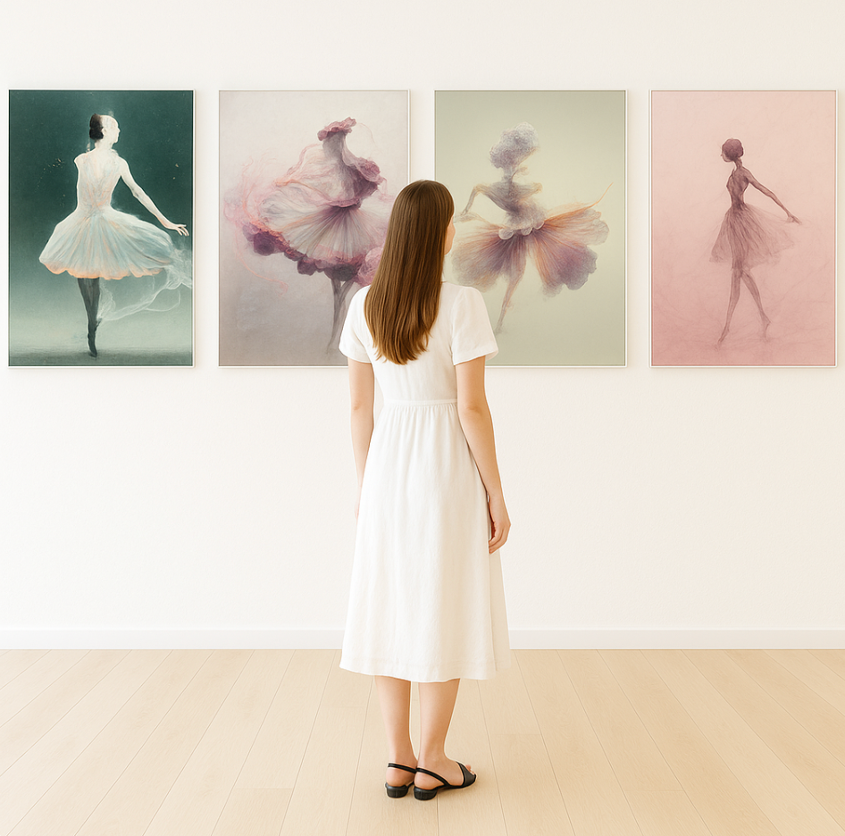 Woman in a white dress standing in front of four ballet-themed wall art pieces. Guido Salimbeni Art Gallery