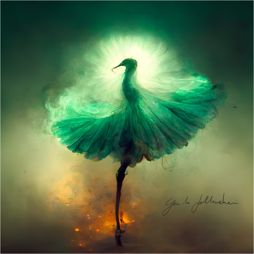 Artistic depiction of a green phoenix with a glowing aura on a dark background