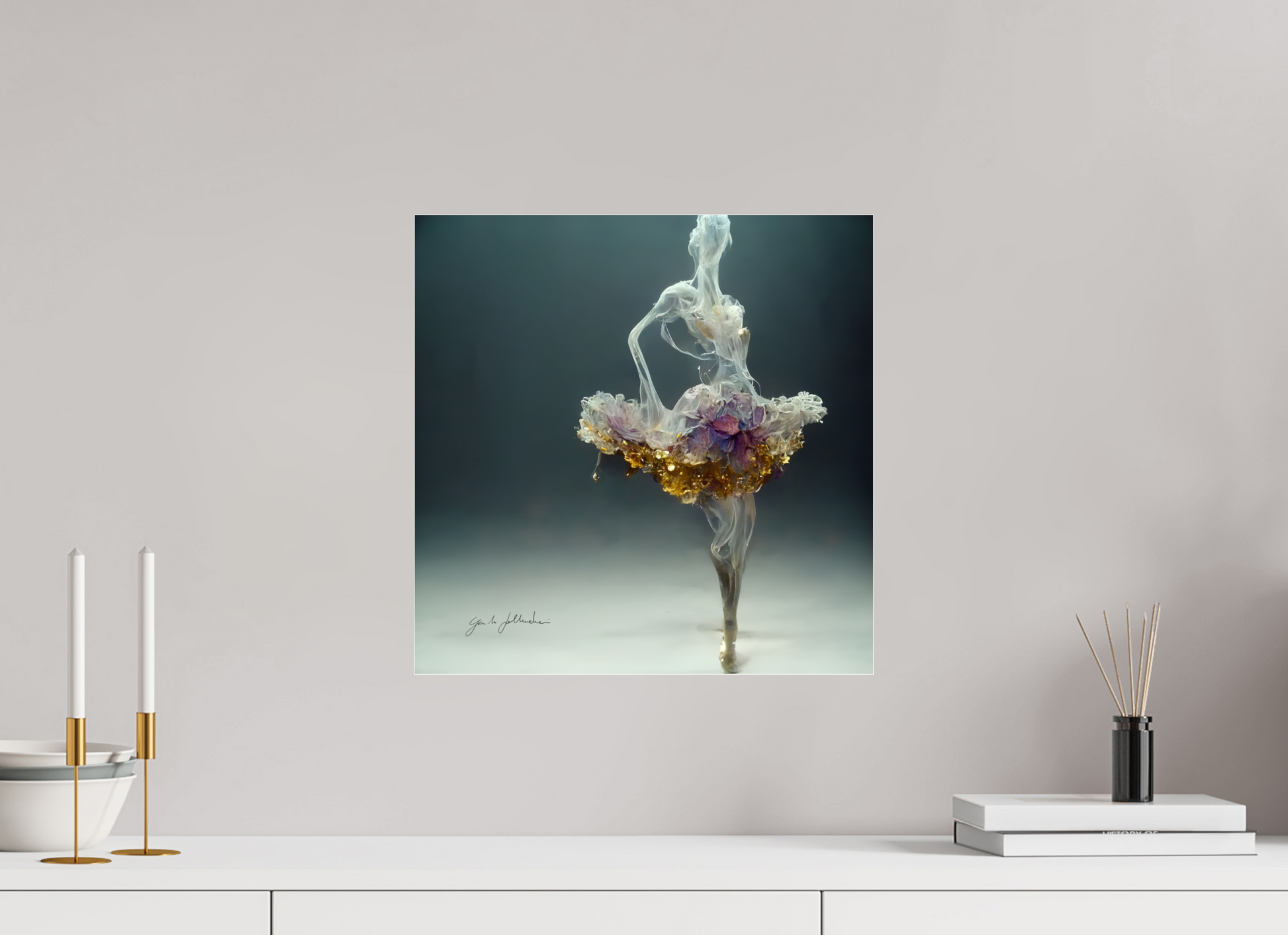 Abstract art print of a dancer with smoke and flowers on a wall above a white shelf.