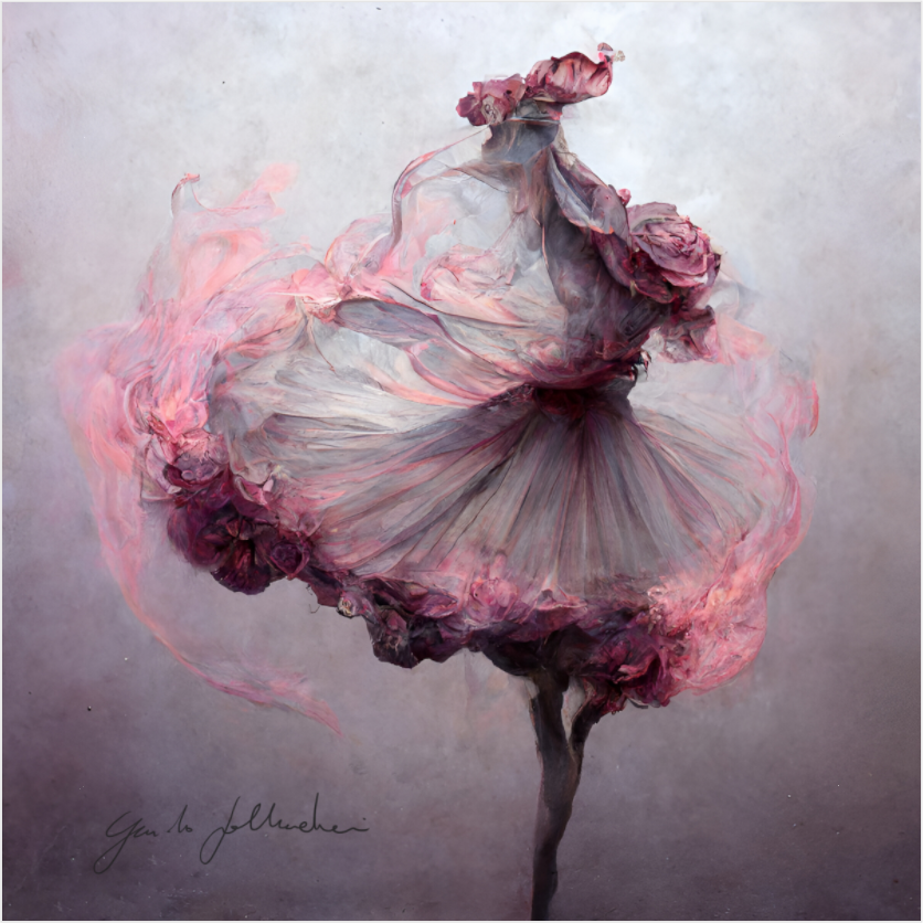 Artistic depiction of a dancer with a floral dress against a neutral background