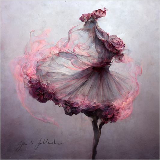 Artistic depiction of a dancer with a floral dress against a neutral background