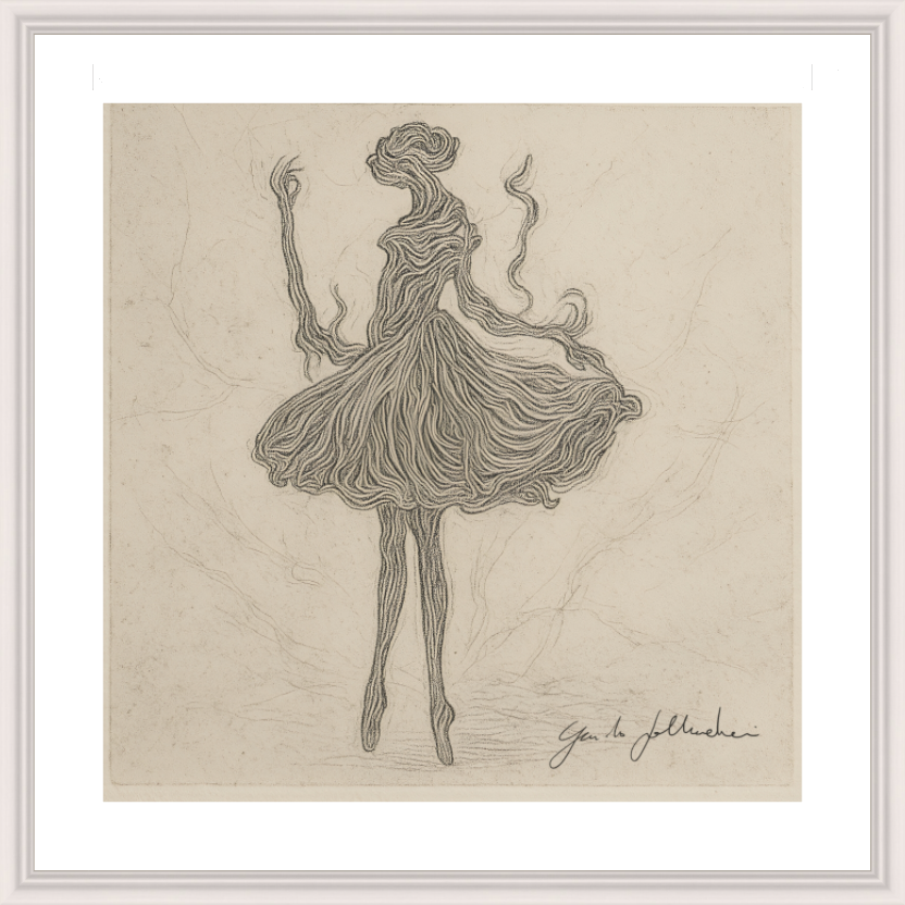 Artistic drawing of a ballerina on textured beige paper