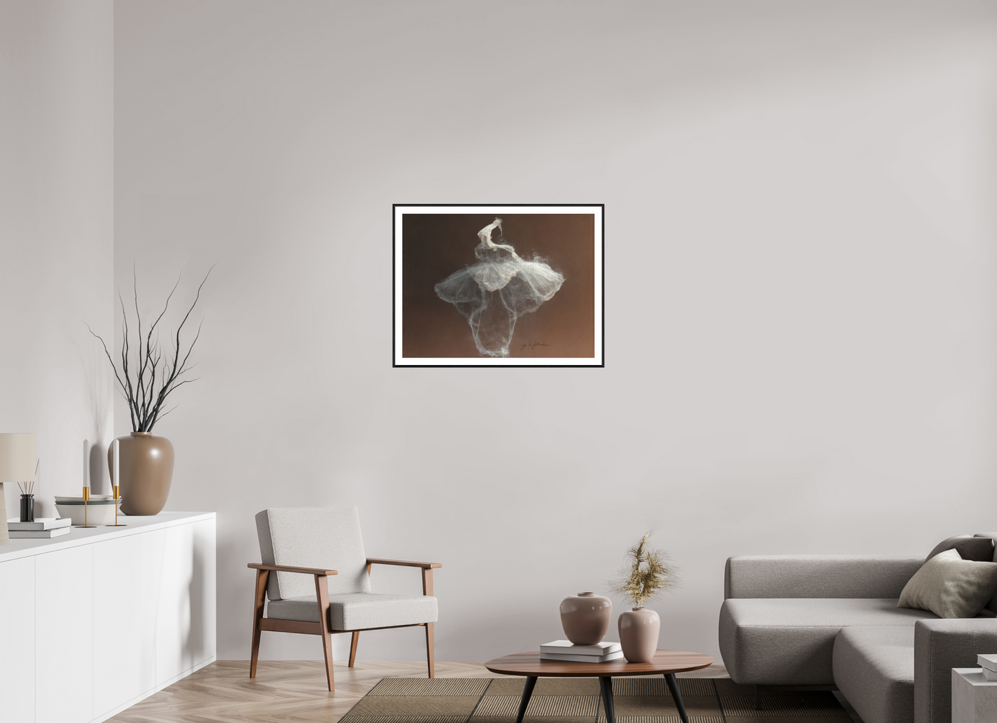80 x 60 cm, Print Acrylic Glass Black Frame Pentimento XXV — White Figure on Umber
