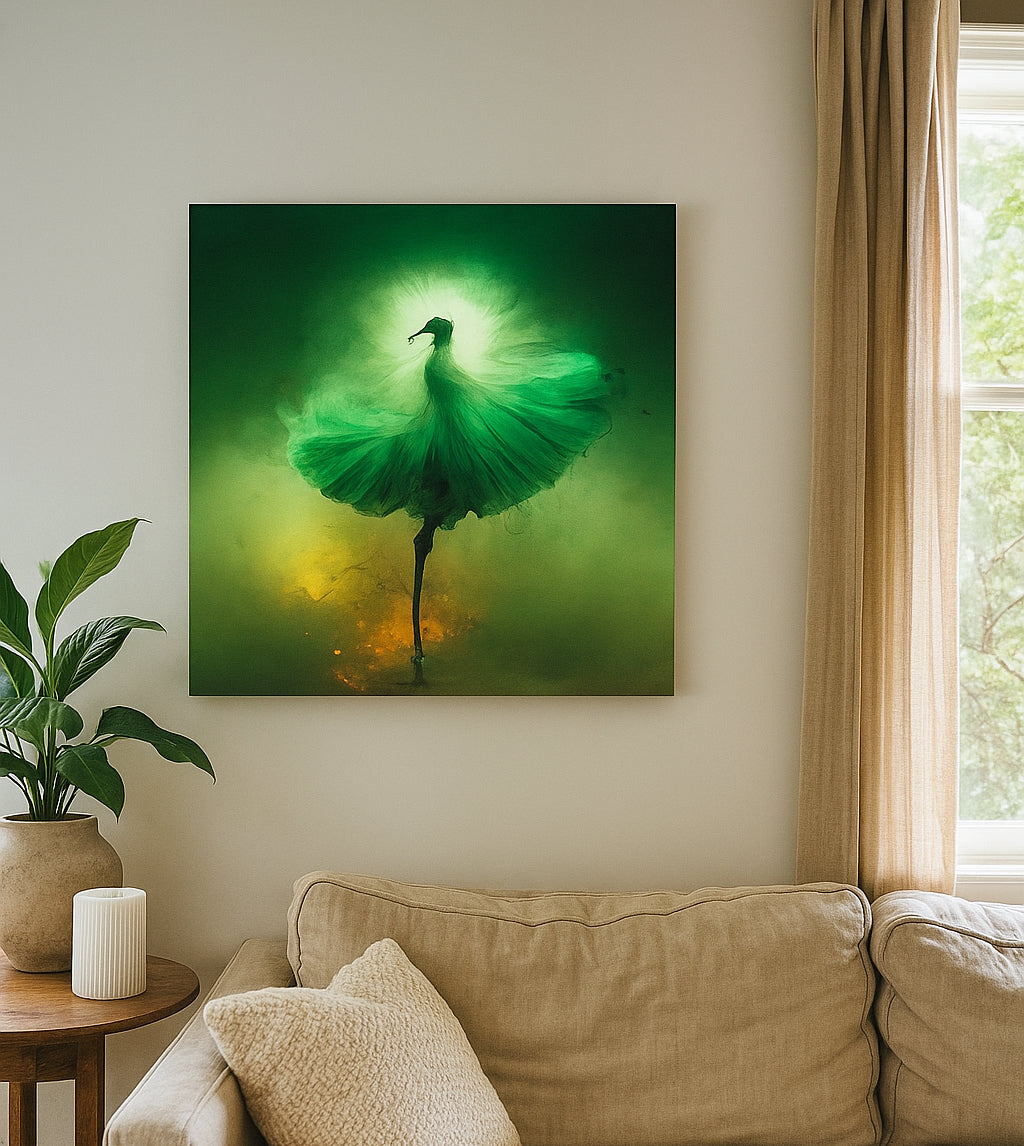 Green abstract painting of a dancing figure on a wall above a beige sofa.