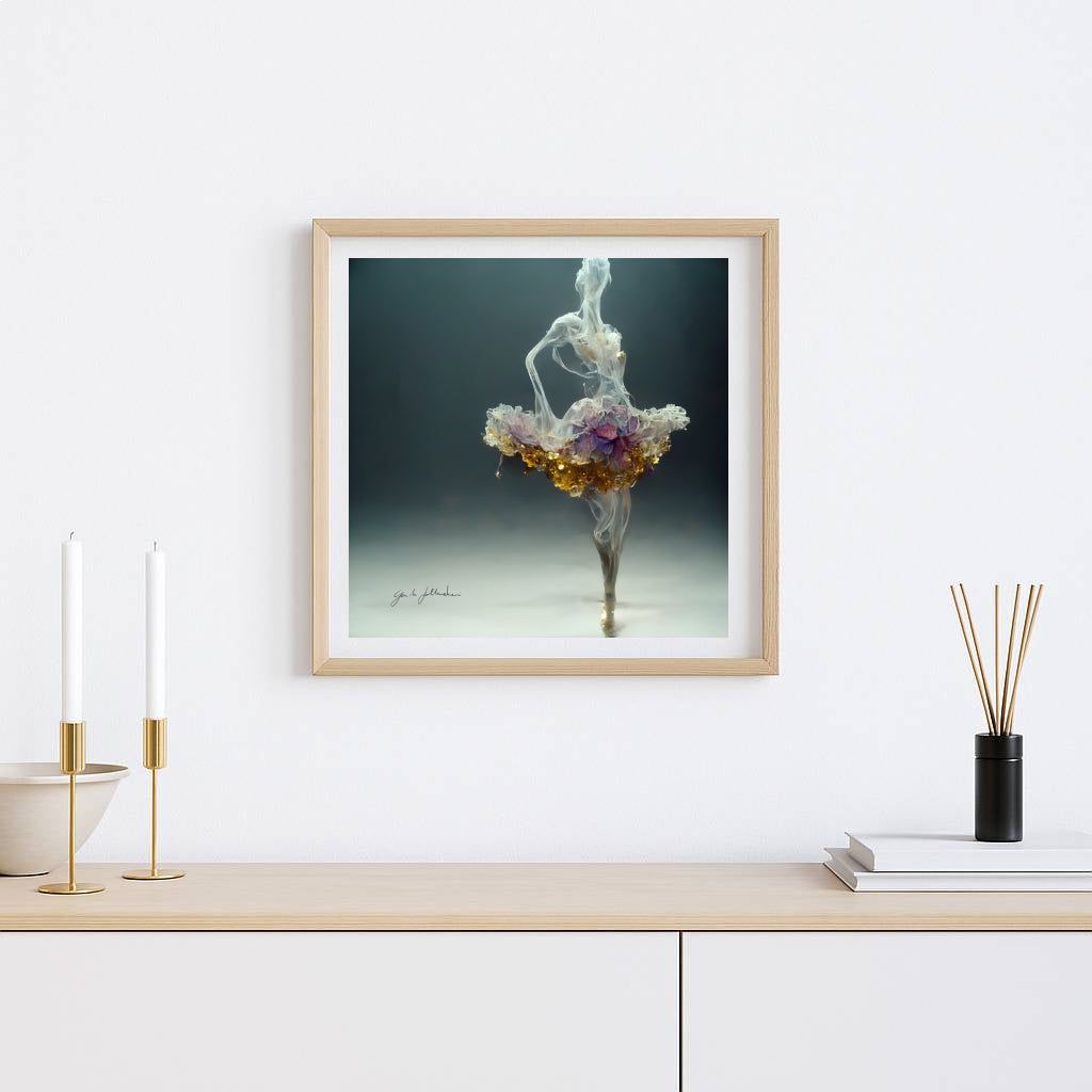 Framed artwork of a floral arrangement with smoke effect on a wall above a wooden shelf.