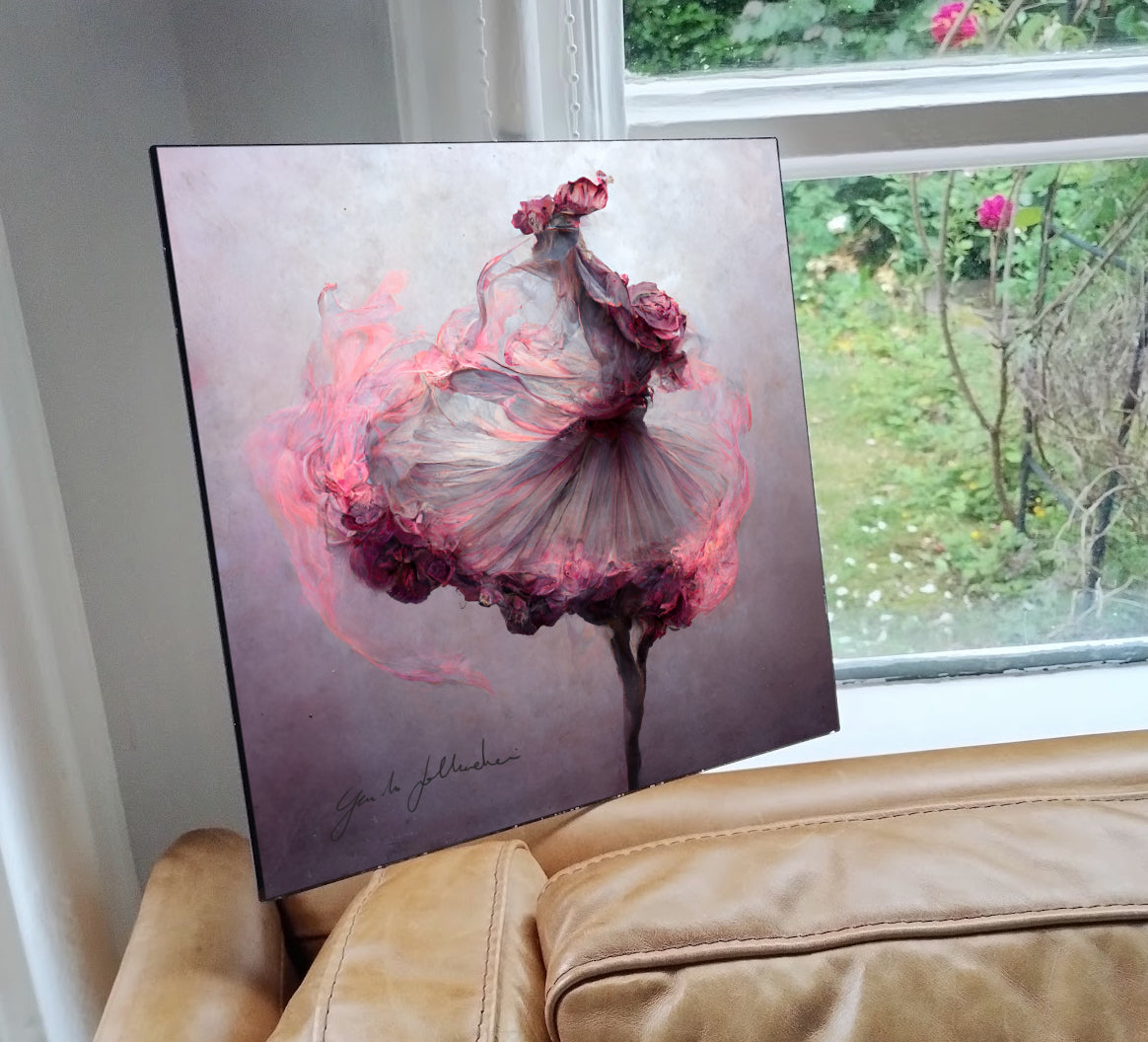 Artistic depiction of a woman in a flowing dress with pink and purple hues, held against a window with a garden view.