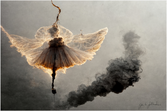 Artistic depiction of a dancer made of fabric and smoke against a misty background