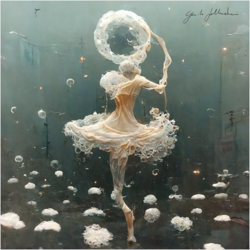 Artistic depiction of a dancer surrounded by bubbles in an underwater setting