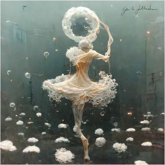 Artistic depiction of a dancer surrounded by bubbles in an underwater setting
