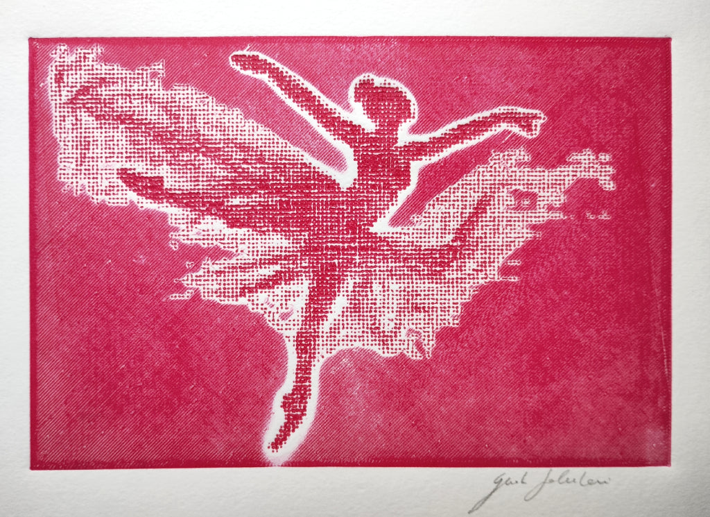 White silhouette of a dancer on a pink textured background