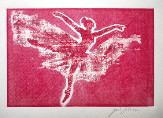 White silhouette of a dancer on a pink textured background