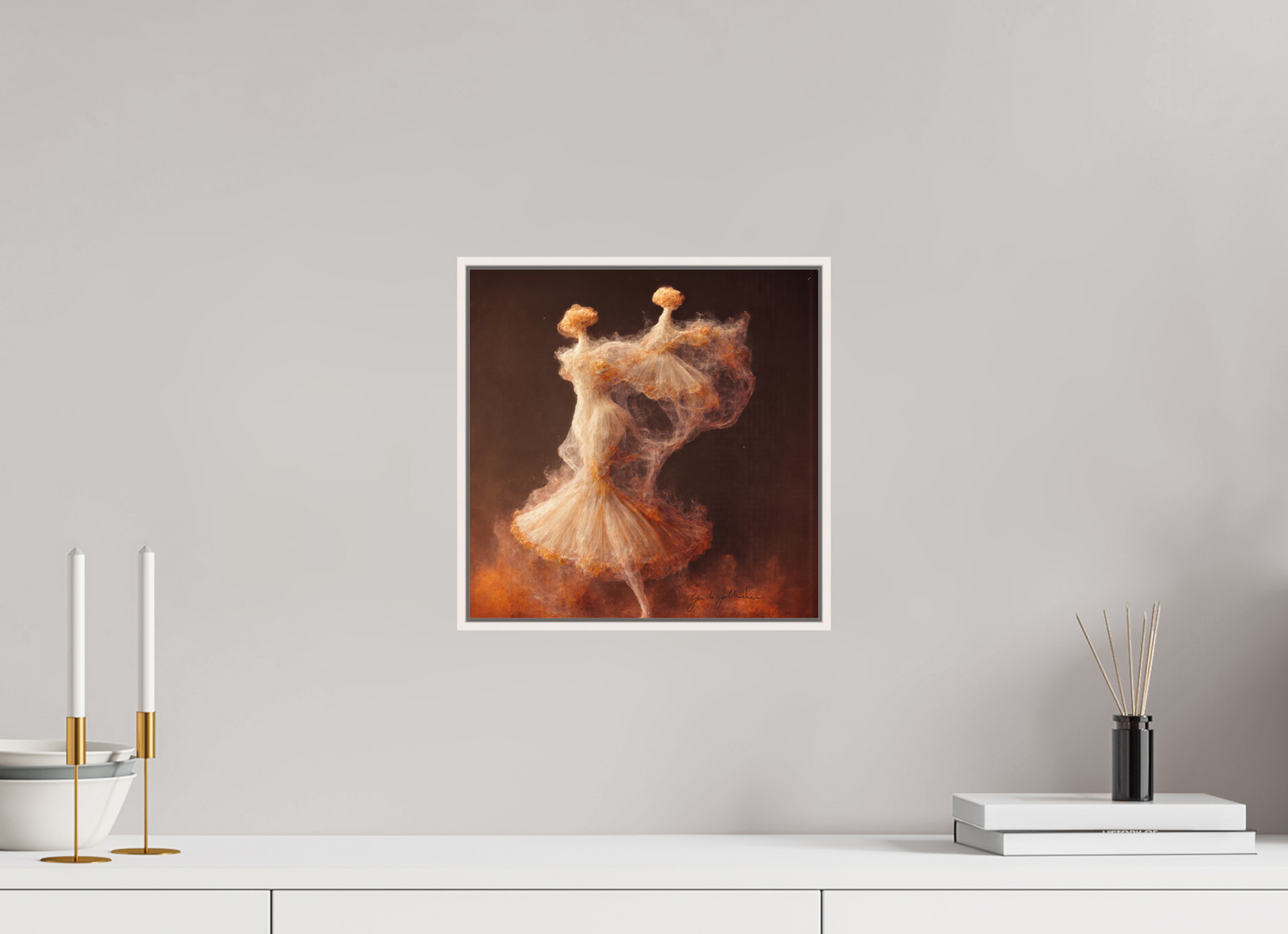 30 x 30 cm, Print Acrylic Glass White Frame Pentimento XVII — Pas de Deux in Ochre