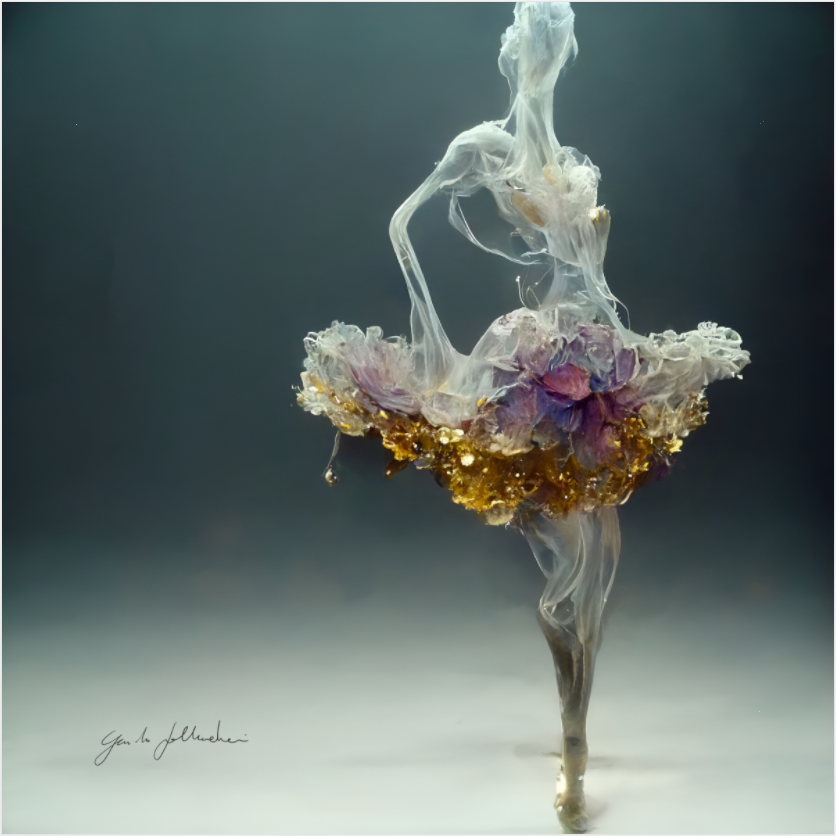 Artistic sculpture of a dancer made from flowers and smoke on a dark background