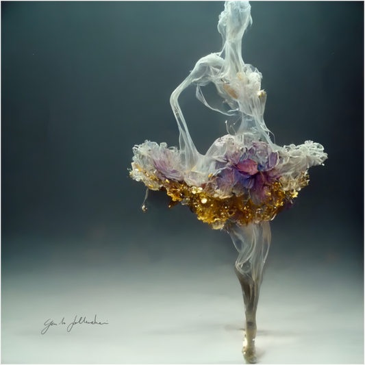 Artistic sculpture of a dancer made from flowers and smoke on a dark background