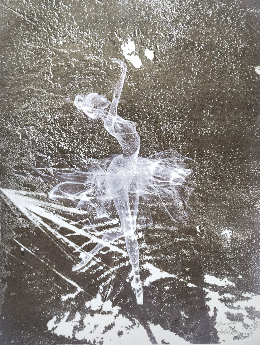 Artistic depiction of a ballerina on ice with a textured background