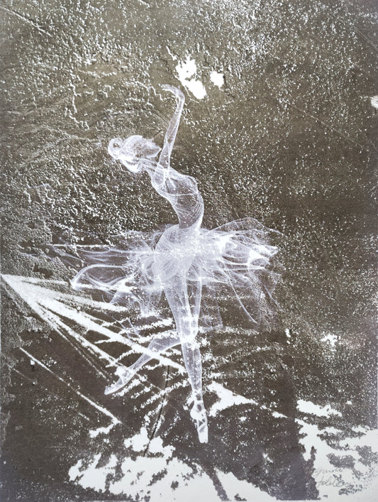 Artistic depiction of a ballerina on ice with a textured background