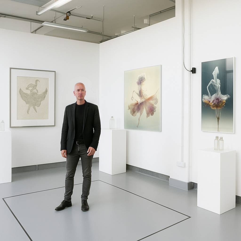 Guido Salimbeni n a modern art gallery with abstract artworks on the walls.